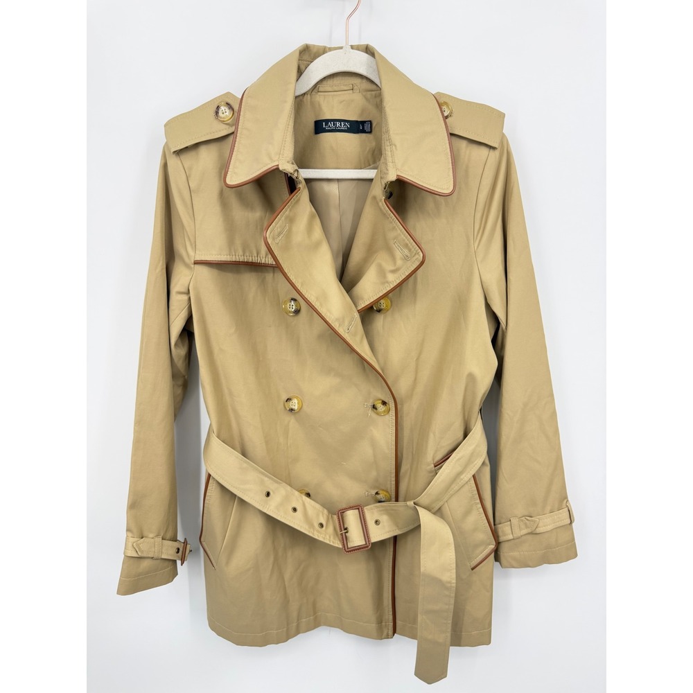 Lauren Ralph Lauren Trench Coat Womens L Birch Tan Double Breasted Faux Leather
